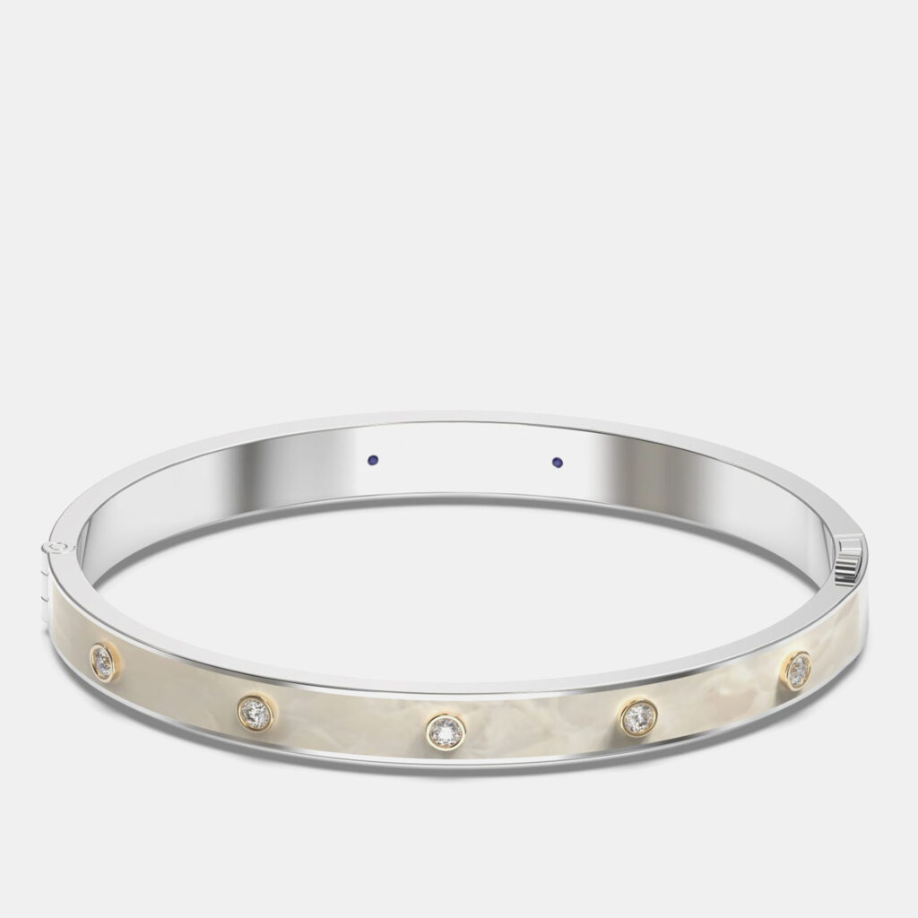 14K Yellow Gold 925 Sterling Silver Ceramic Hinged Bezel Set Bangle
