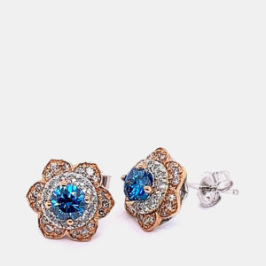 14K Rose Gold/White Gold Round Cut Blue And White Flower Stud Earrings (1.0ctw)