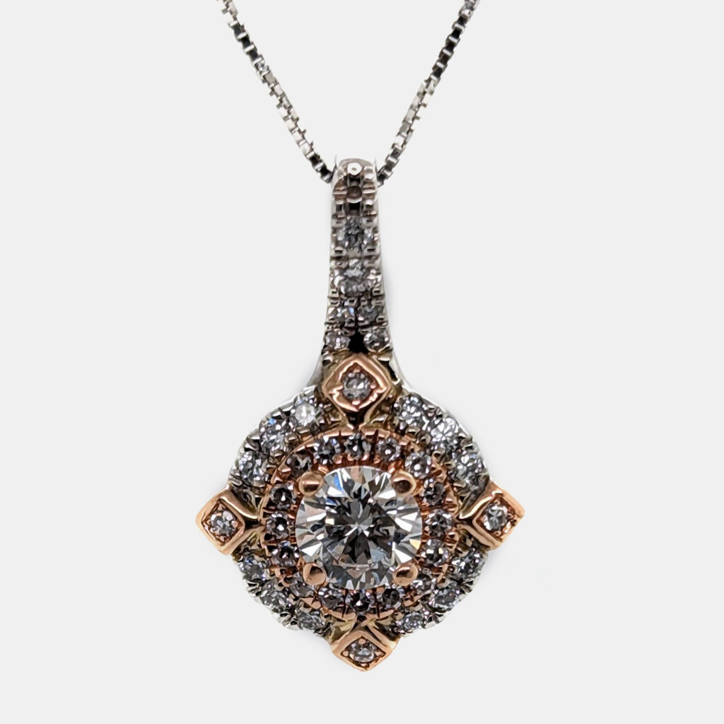 luxury-women-made-by-man-new-fine-jewelry-p1132027-001 14K Rose Gold/White Gold Round Cut White Halo Pendant (0.90ctw)