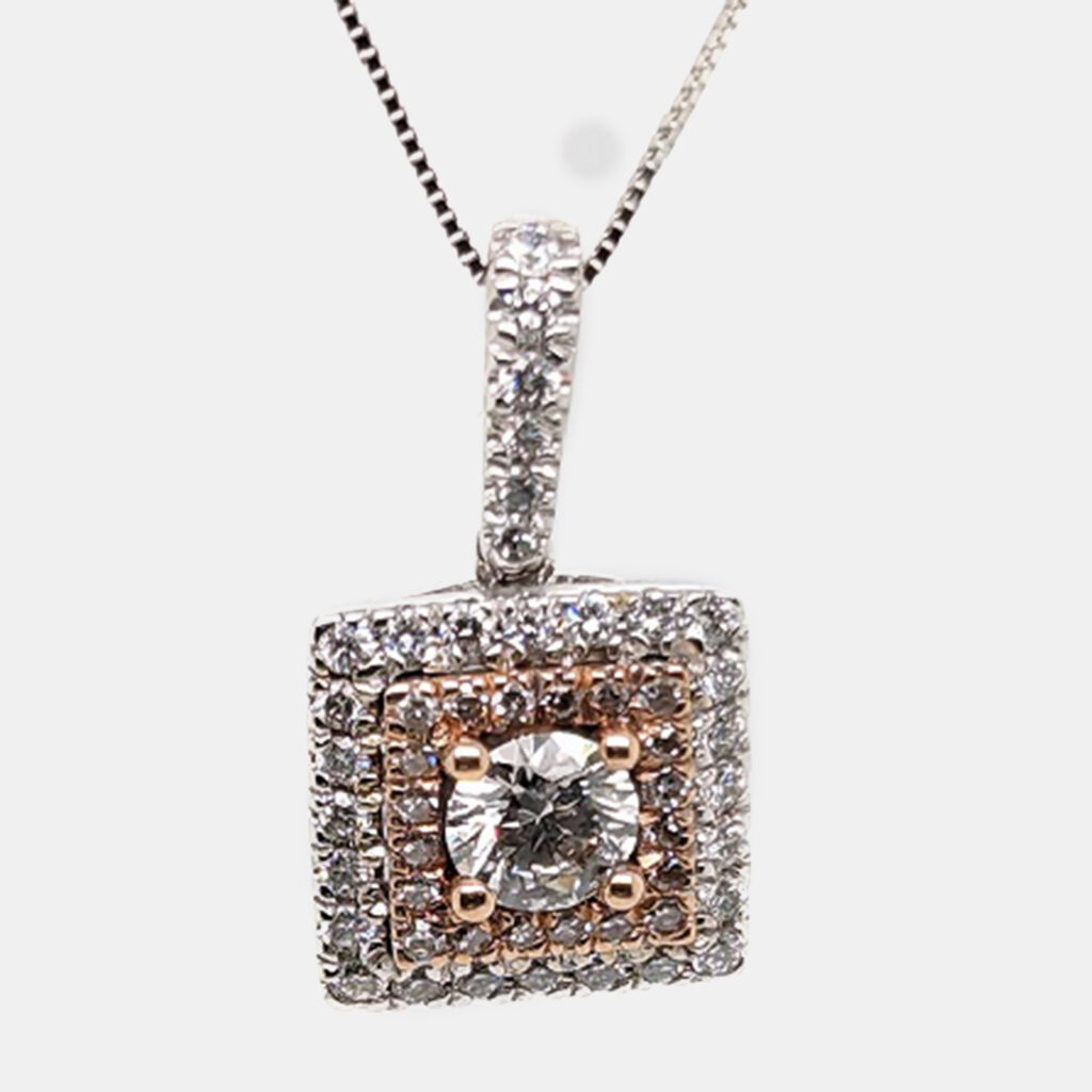 luxury-women-made-by-man-new-fine-jewelry-p1132029-001 Rose Gold/White Gold Round Cut Cushion Halo Pendant (0.91Ct)