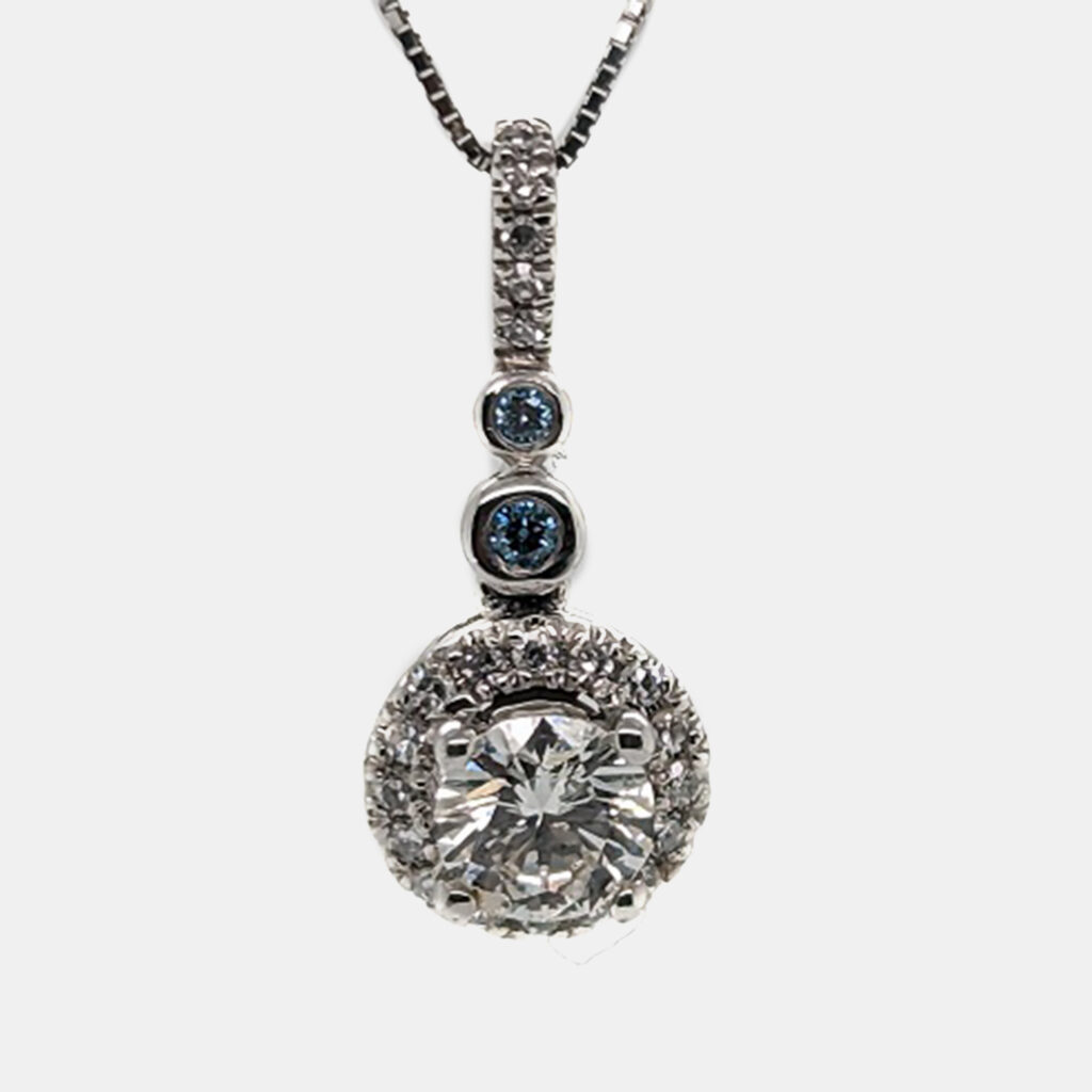 luxury-women-made-by-man-used-fine-jewelry-p1099458-005 14K White gold Blue Round Cut White Halo Lab Grown Diamonds Pendant (0.68Ctw)