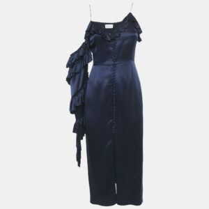 Magda Butrym Navy Blue satin Silk Ruffled Asymmetric Sleeve Midi Dress S