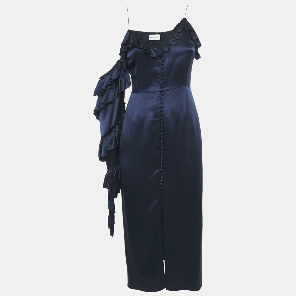 luxury-women-magda-butrym-used-clothes-p1115364-001 Magda Butrym Navy Blue satin Silk Ruffled Asymmetric Sleeve Midi Dress S