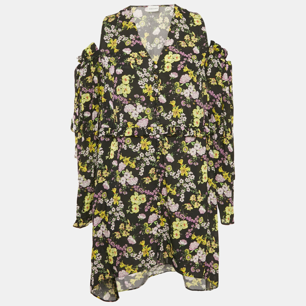 luxury-women-magda-butrym-used-clothes-p1165846-002 Magda Butrym Black Floral Print Silk Cold-Shoulder Short Dress S