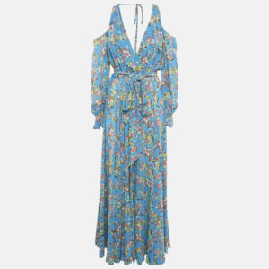 Maison D'Angelann Blue Floral Print Chiffon Maxi Dress S