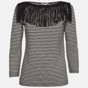 Maje Black/White Stripe Cotton Fringed Detail T-Shirt M