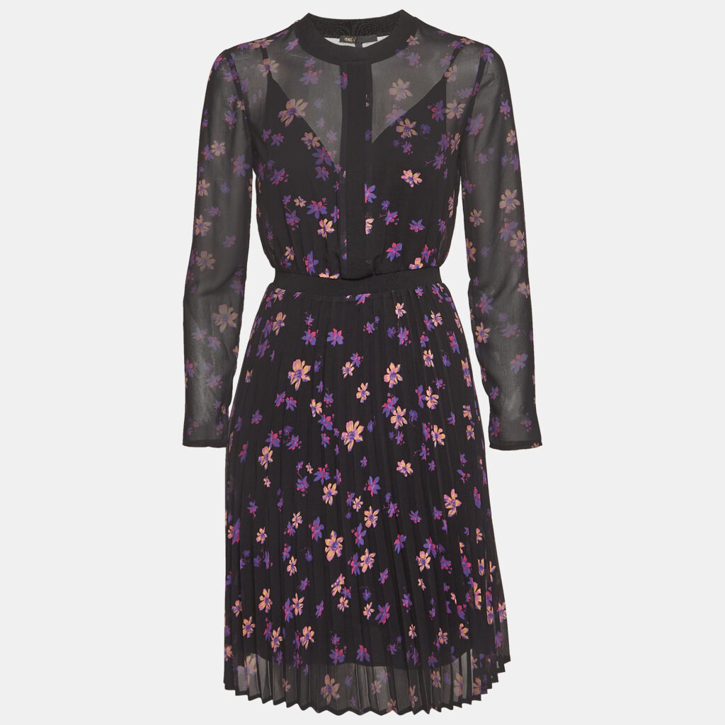 luxury-women-maje-new-clothes-p1009503-002 Maje Black Floral Print Chiffon Plisse Midi Dress S