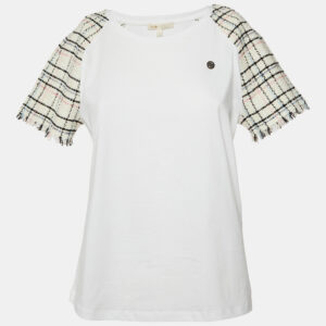 Maje White Cotton Tweed Sleeved Crew Neck T-Shirt M