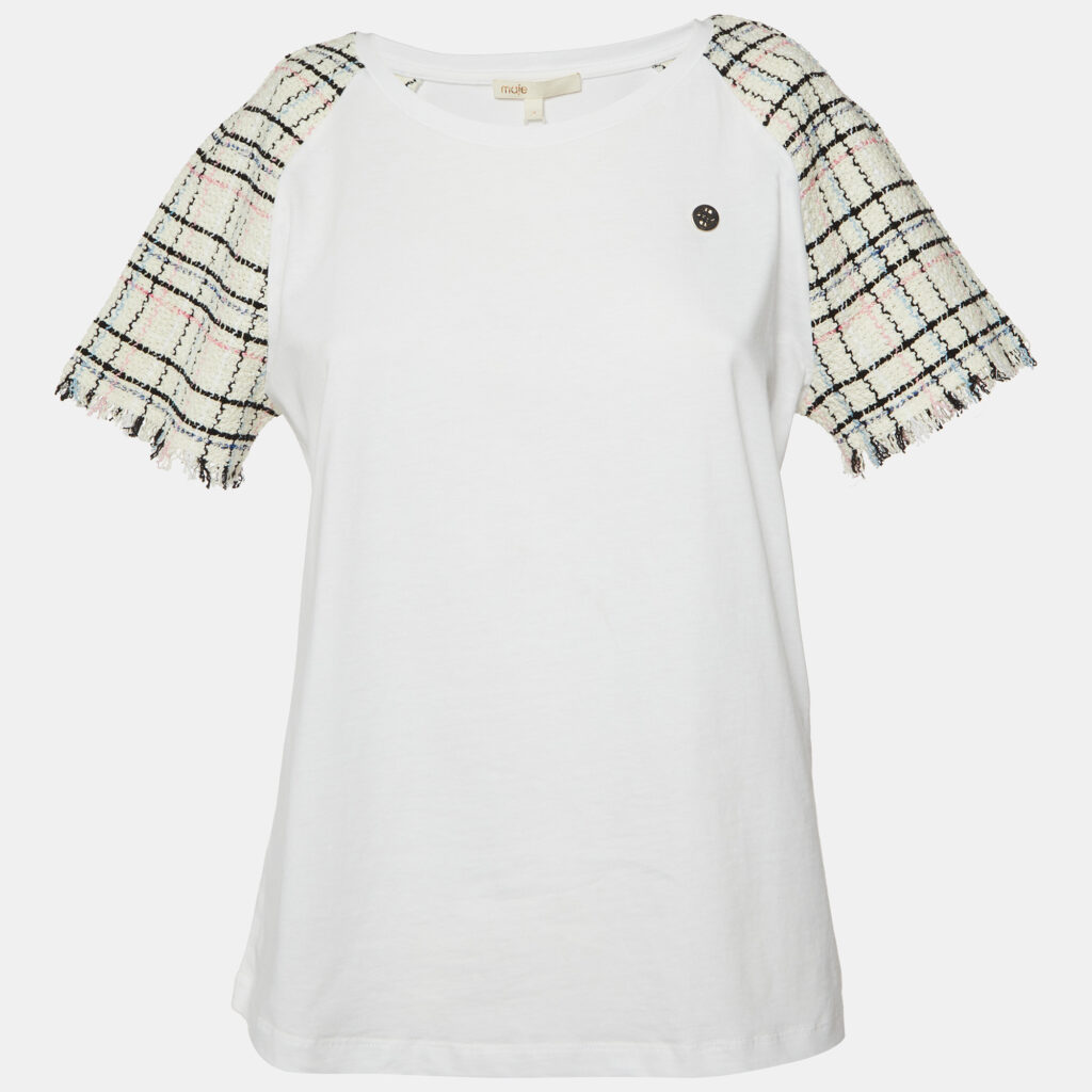 Maje White Cotton Tweed Sleeved Crew Neck T-Shirt M