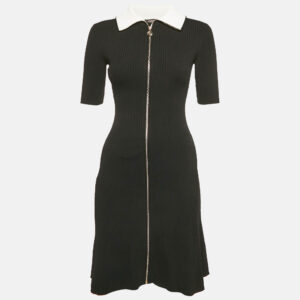 Maje Black Rib Knit Contrast Collar Zip Front Dress XS