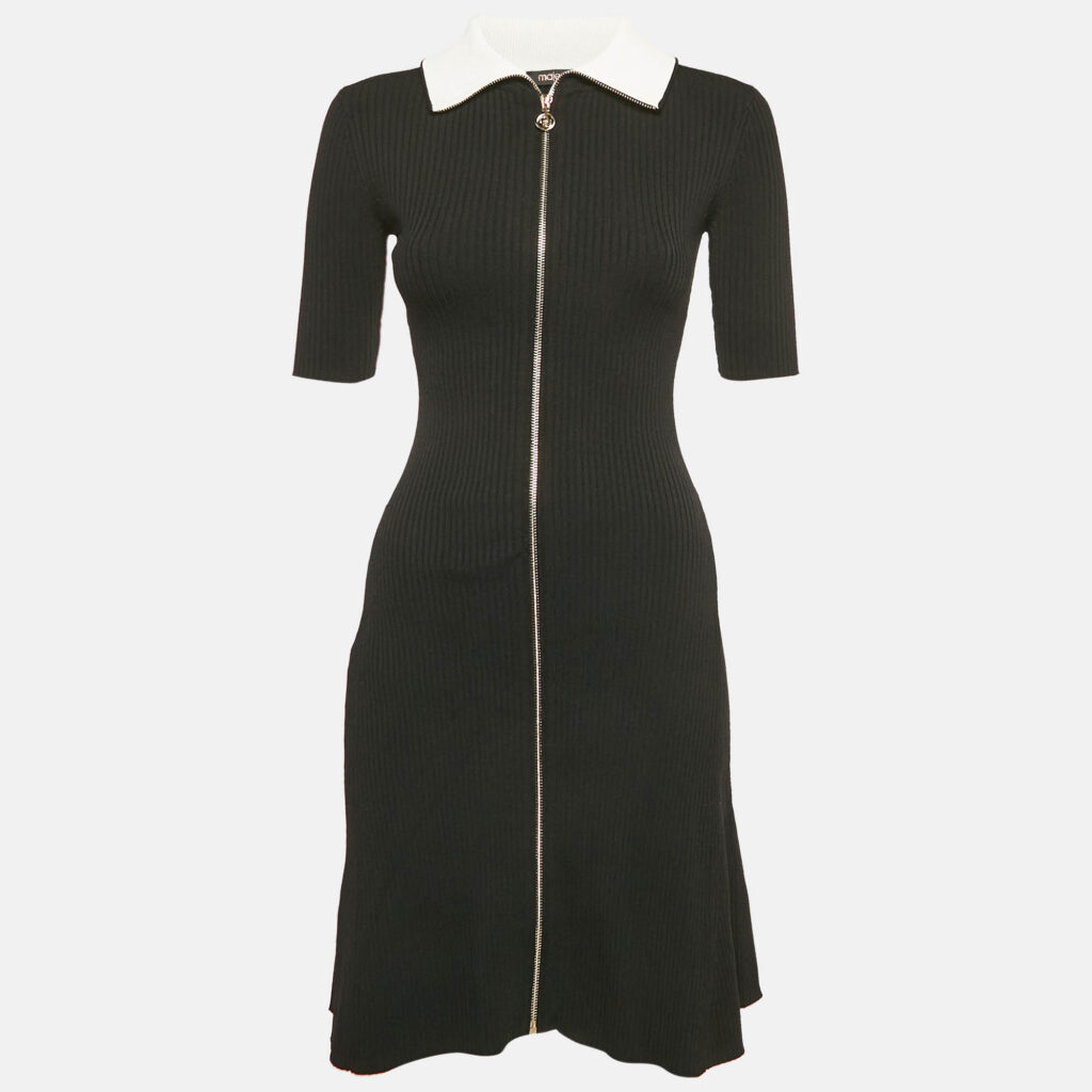 luxury-women-maje-new-clothes-p1126920-002 Maje Black Rib Knit Contrast Collar Zip Front Dress XS