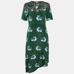 Maje Green Floral Print Lace Trim Crepe Asymmetric Midi Dress M
