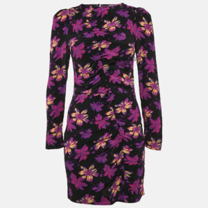 Maje Black Floral Ruched Long Sleeve Mini Dress S
