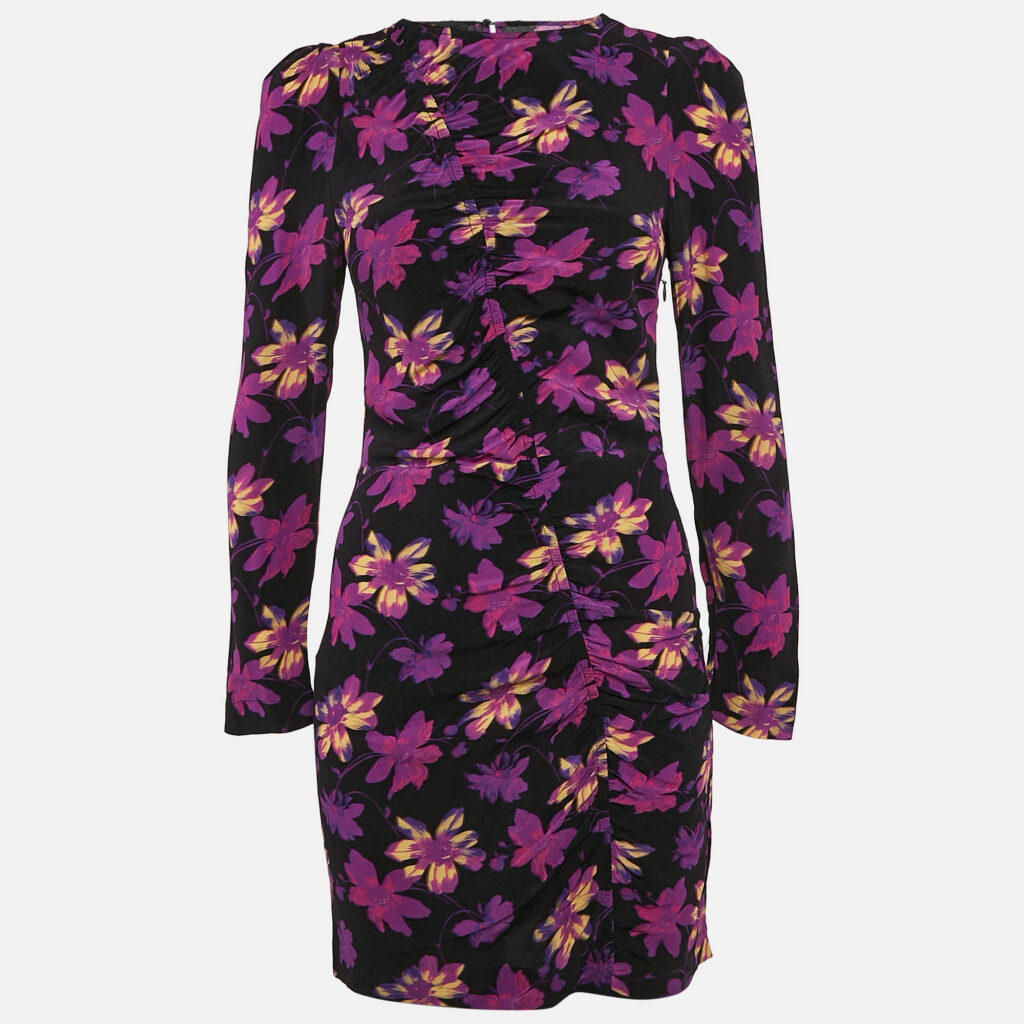 Maje Black Floral Ruched Long Sleeve Mini Dress S