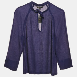 Maje Navy Blue Textured Silk Tie-Up Neck Detail Top S