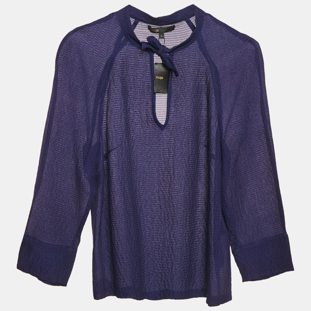 Maje Navy Blue Textured Silk Tie-Up Neck Detail Top S