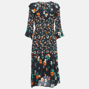Maje Black Floral Print Crepe Ruffled Midi Dress M