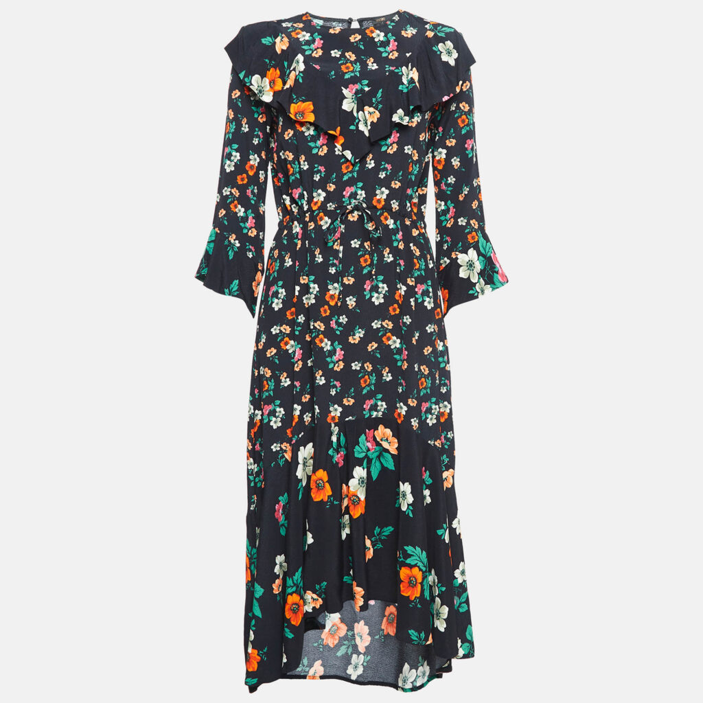 luxury-women-maje-used-clothes-p1032590-001 Maje Black Floral Print Crepe Ruffled Midi Dress M