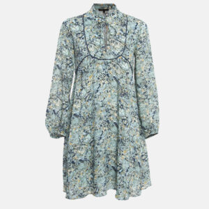 Maje Blue Printed Crepe Neck Tie-Up Mini Dress XS