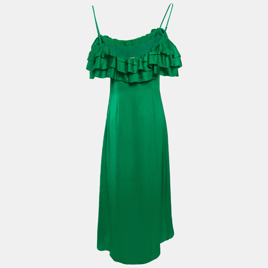 luxury-women-maje-used-clothes-p1042579-003 Maje Green Satin Ruffled Rovanta Midi Dress L