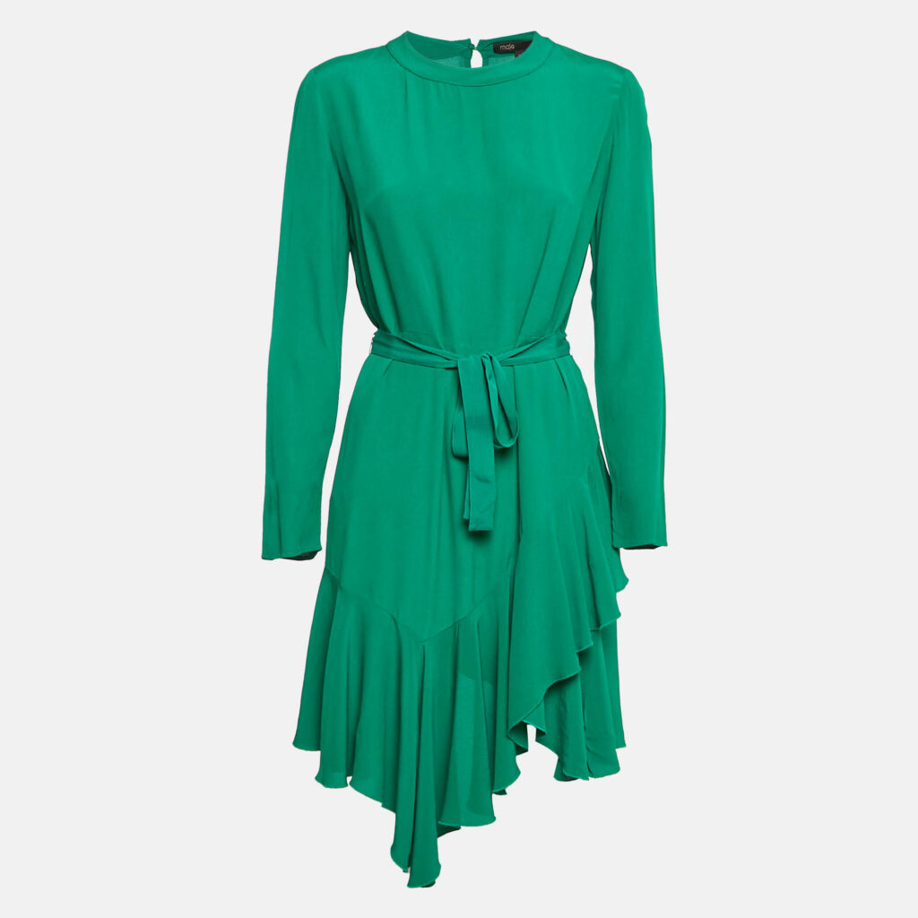 Maje Green Crepe Asymmetric Flared Short Dress S