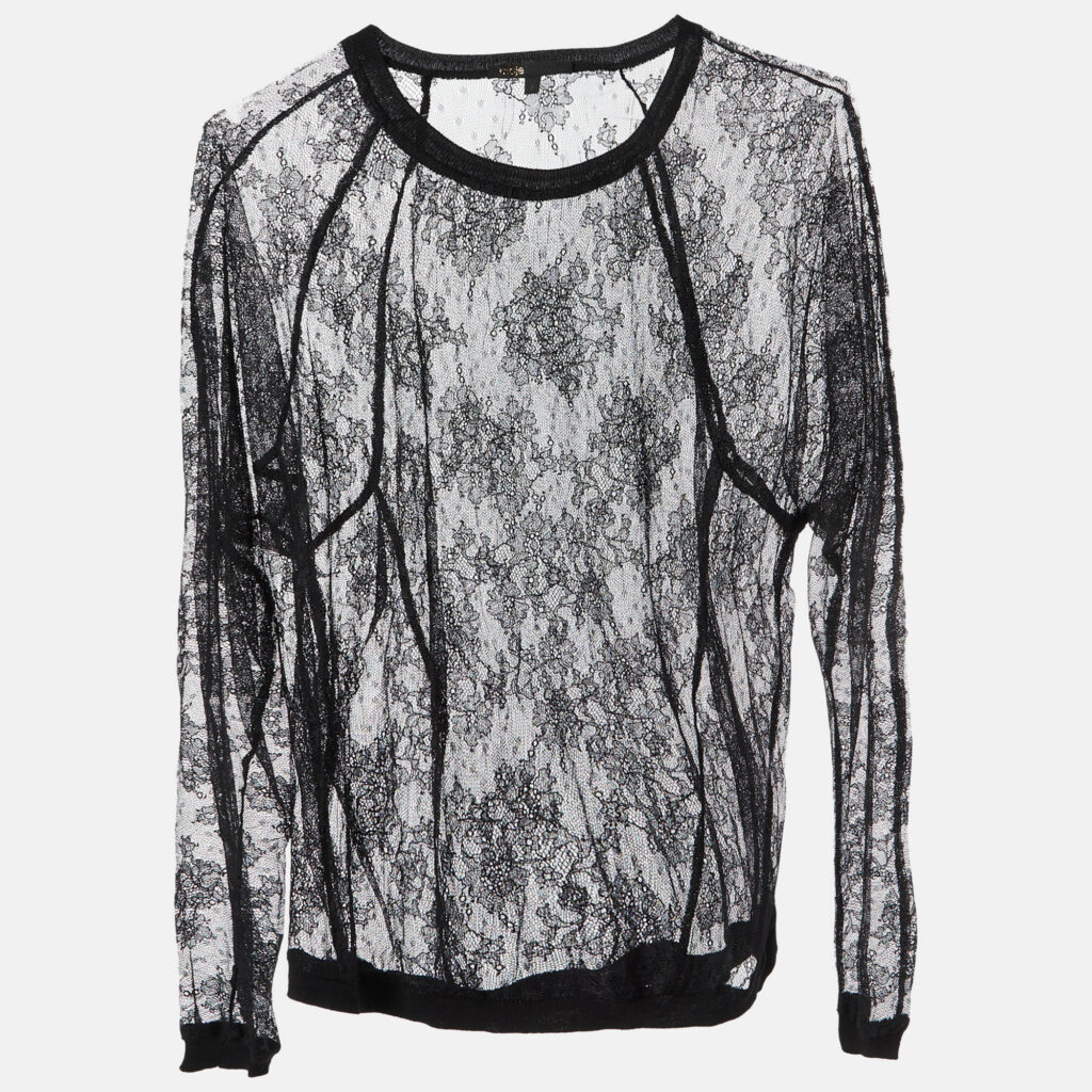 Maje Black Floral Lace Full Sleeve Top M