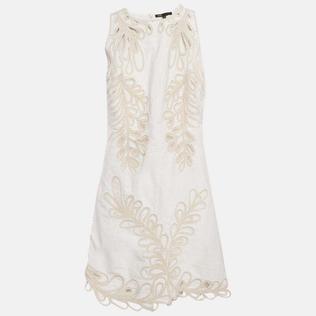 luxury-women-maje-used-clothes-p1087439-007 Maje White Embroidered Gabardine Cotton Cut-Out Detail Mini Dress XL