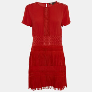 Maje Red Crepe Lace Trim Detail Fringed Mini Dress M