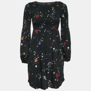 Maje Black Bird and Star Print Crepe Smocked Reskita Mini Dress XS