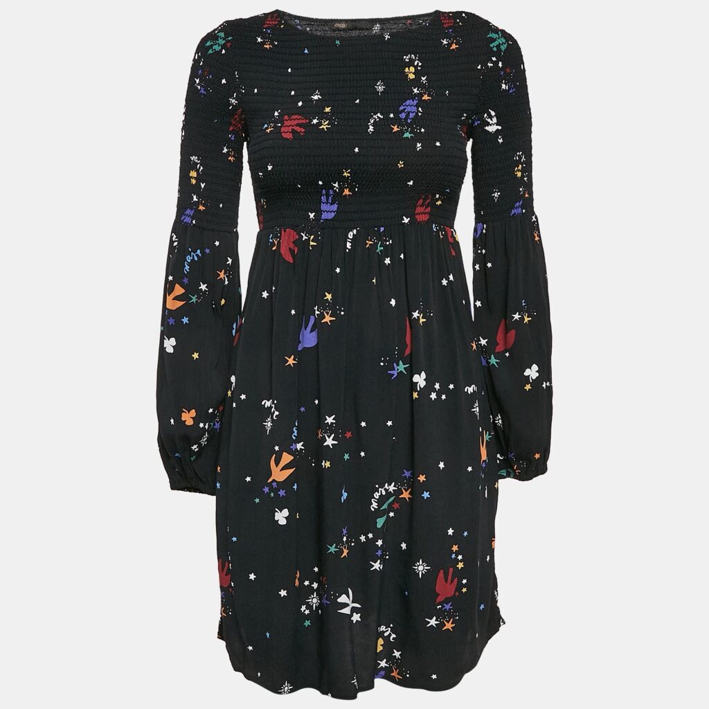luxury-women-maje-used-clothes-p1091615-005 Maje Black Bird and Star Print Crepe Smocked Reskita Mini Dress XS