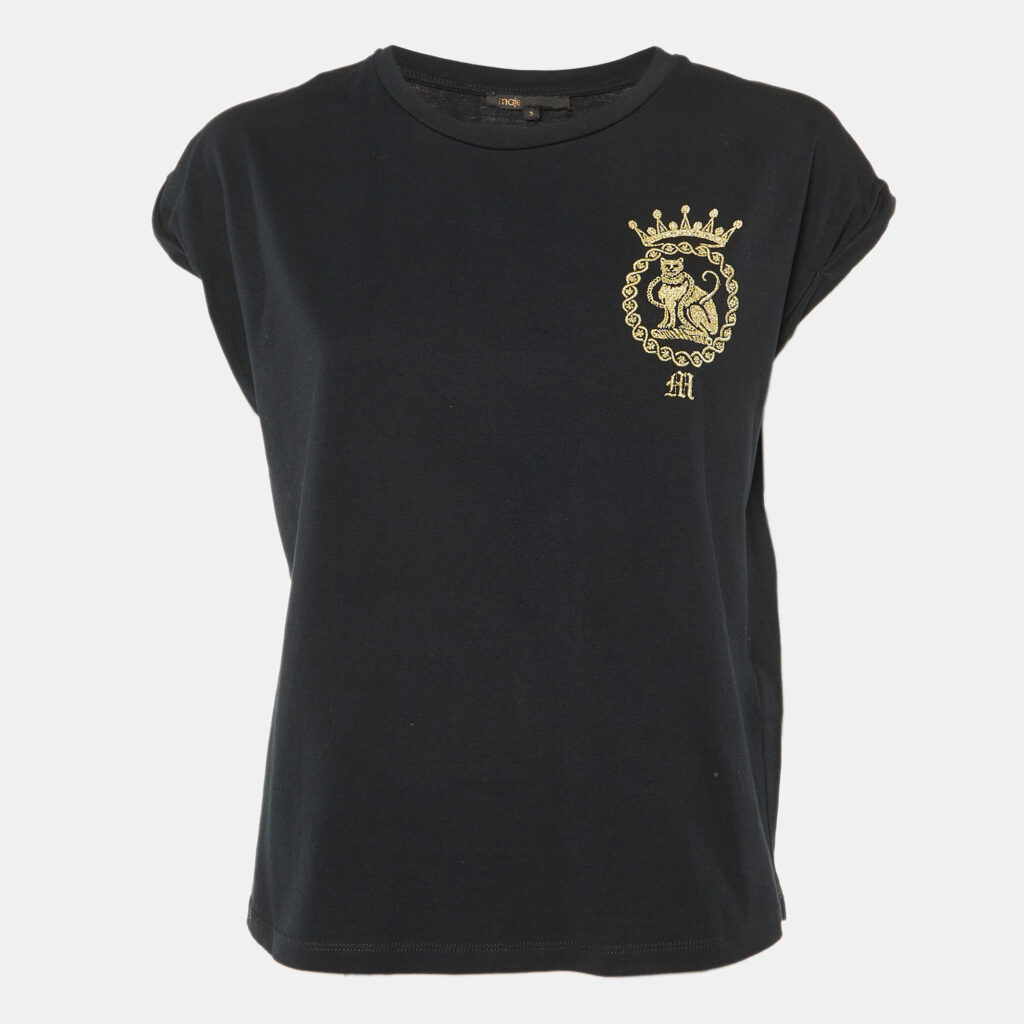 luxury-women-maje-used-clothes-p1117180-001 Maje Black Cotton Embroidered Torino Crew Neck T-Shirt L