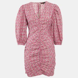 Maje Fuchsia Pink Floral Print and Embroidery Puff Sleeve Mini Dress L