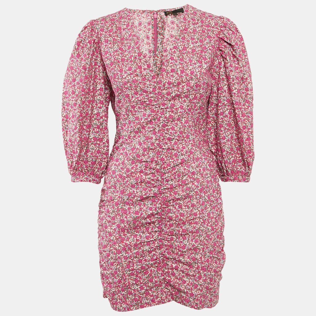 luxury-women-maje-used-clothes-p1121021-005 Maje Fuchsia Pink Floral Print and Embroidery Puff Sleeve Mini Dress L