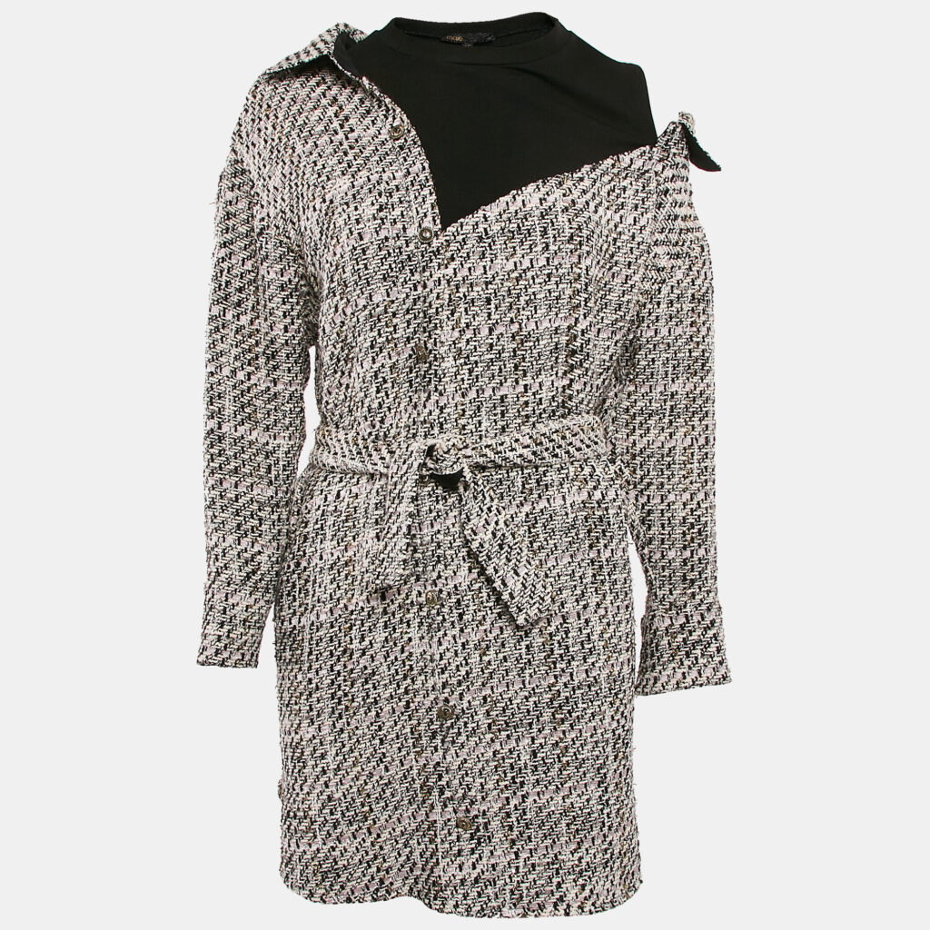 Maje Multicolor Tweed One-Shoulder Belted Mini Dress S