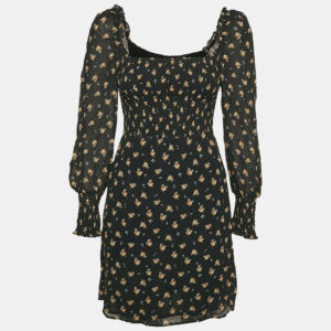 Maje Black Floral Print Crepe Smocking Detail Mini Dress M