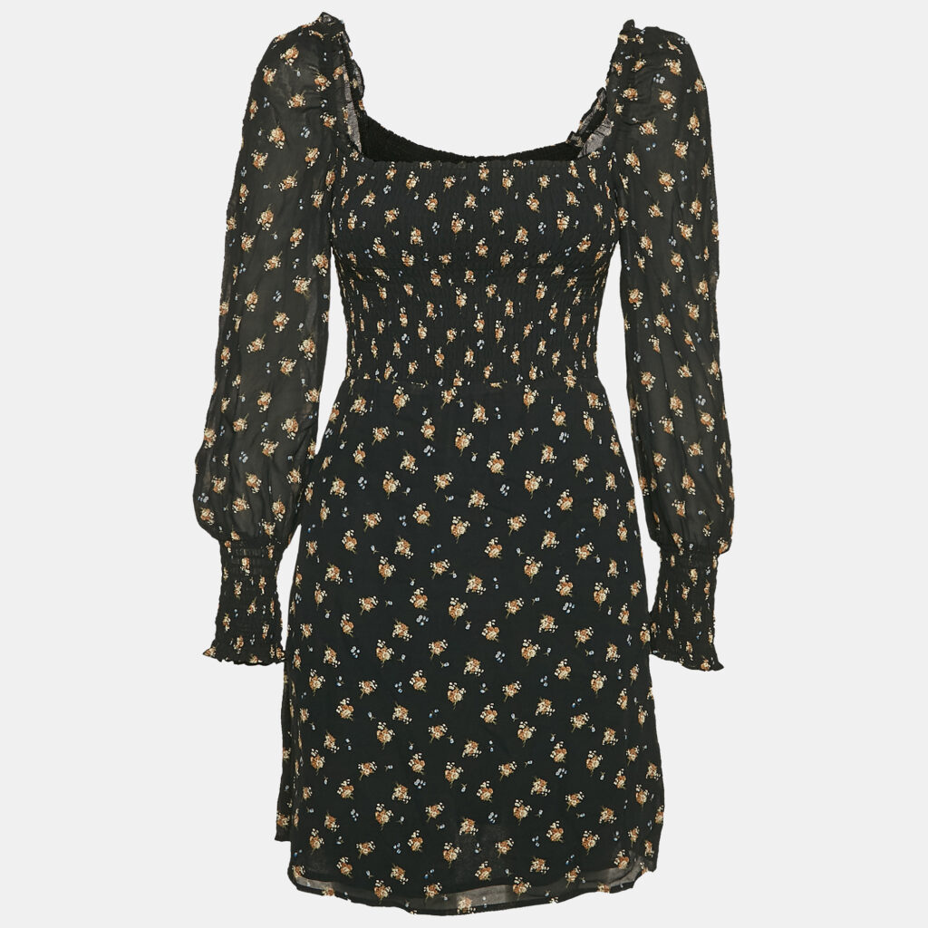 luxury-women-maje-used-clothes-p1144251-001 Maje Black Floral Print Crepe Smocking Detail Mini Dress M