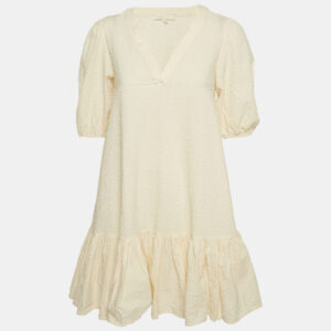 Maje Cream Seersucker Flounce Mini Dress S