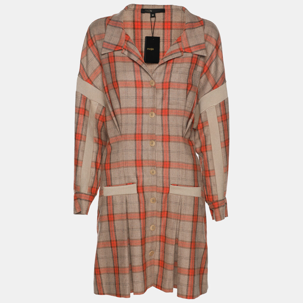 luxury-women-maje-used-clothes-p1152959-001 Maje Beige/Orange Check Wool Blend Knit Shirt Dress M