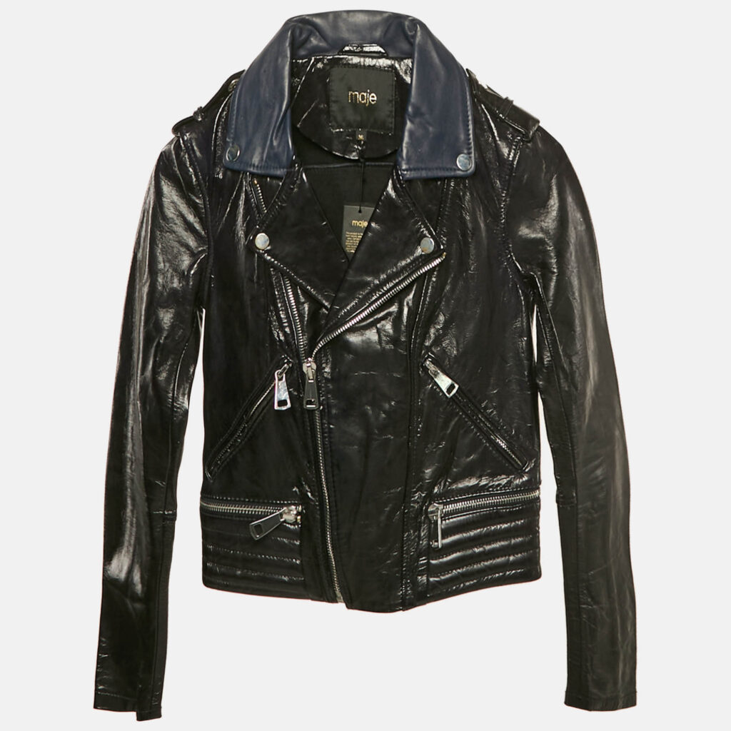 luxury-women-maje-used-clothes-p1153436-007 Maje Navy Blue Leather Zip-Up Leather Jacket S