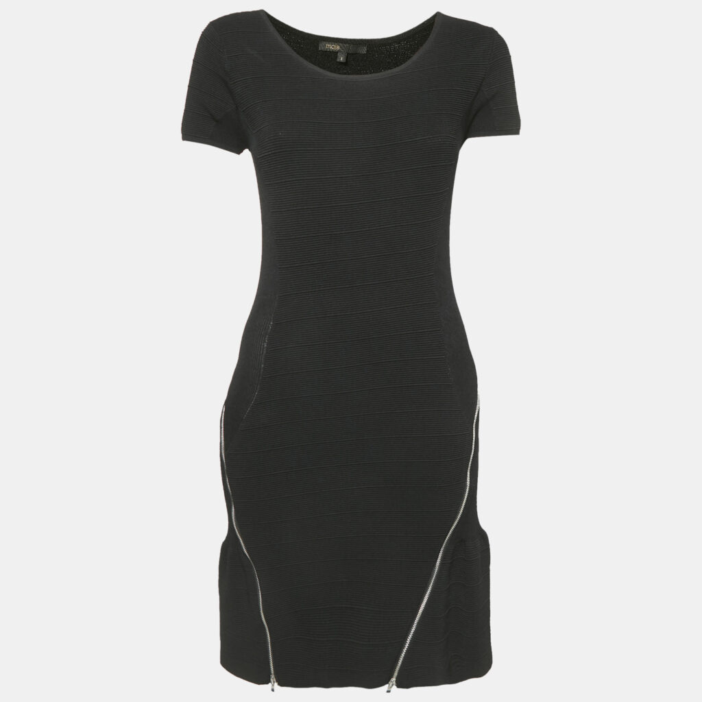 luxury-women-maje-used-clothes-p1156037-006 Maje Black Patterned Knit Zip Detail Short Dress S