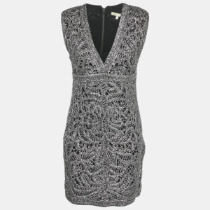Maje Silver Lurex Crochet Sleeveless Mini Dress M