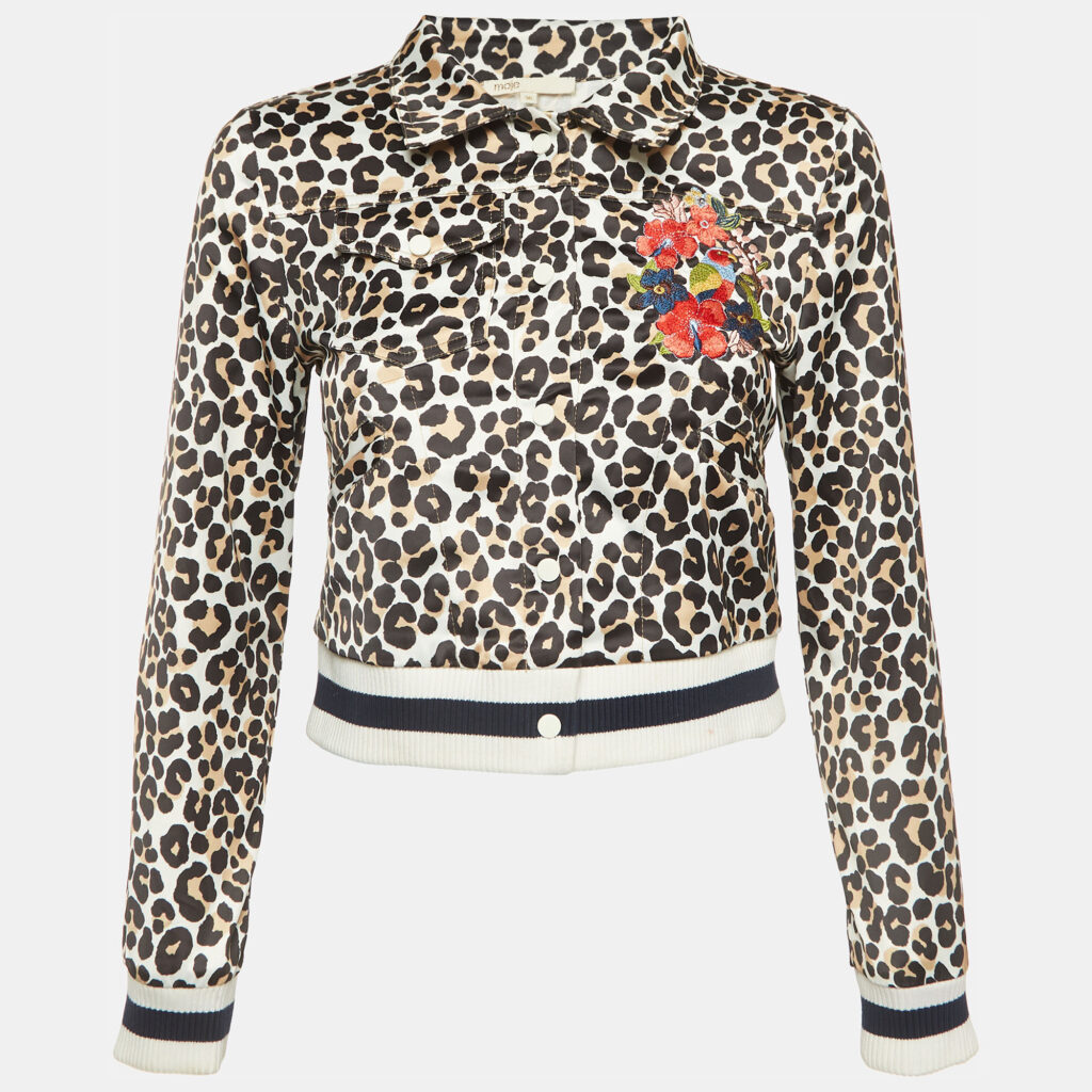 luxury-women-maje-used-clothes-p928505-003 Maje White Animal Print Embroidered Satin Biker Jacket XS