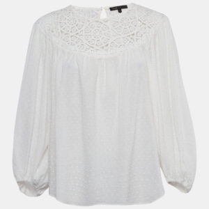 Maje White Textured Cotton Crochet Yoke Detail Blouse M