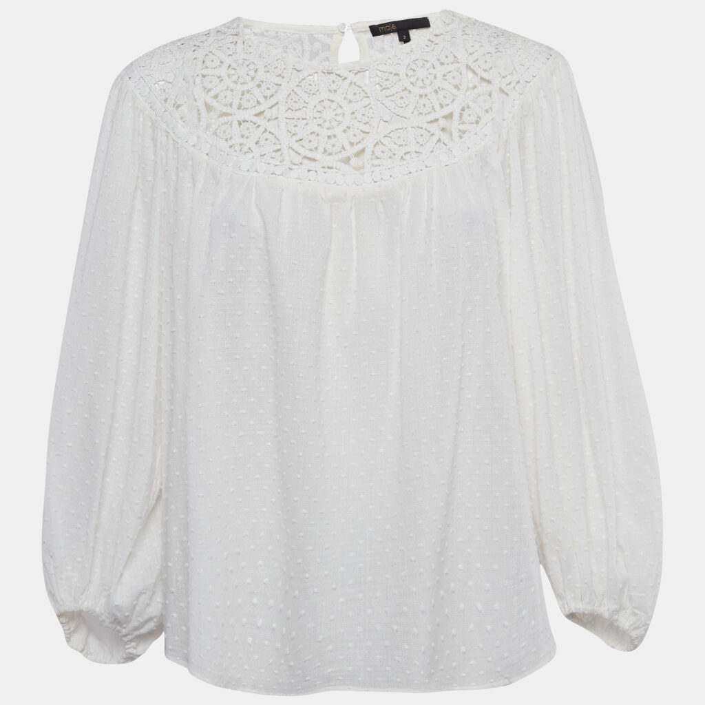 luxury-women-maje-used-clothes-p949482-002 Maje White Textured Cotton Crochet Yoke Detail Blouse M