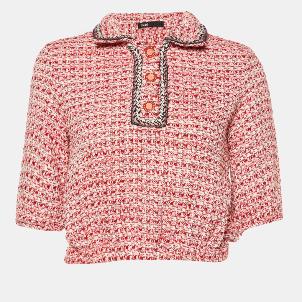 Maje Red Tweed Polo Cropped Shirt M