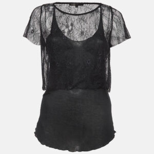 Maje Black Patterned Lace and Knit Layered Top L