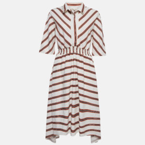 Maje White/Red Striped Gabardine Asymmetric Midi Dress XL