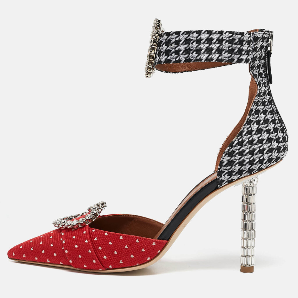 Malone Souliers Red/Black Canvas Camille Ankle Strap Pumps Size 38
