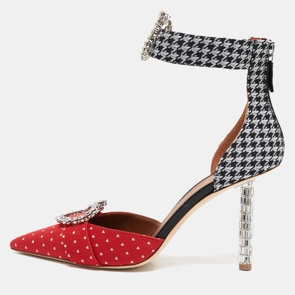 Malone Souliers Red/Black Canvas Camille Ankle Strap Pumps Size 39