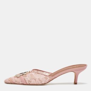 Malone Souliers Pink Lace and Leather Mules Size 37.5
